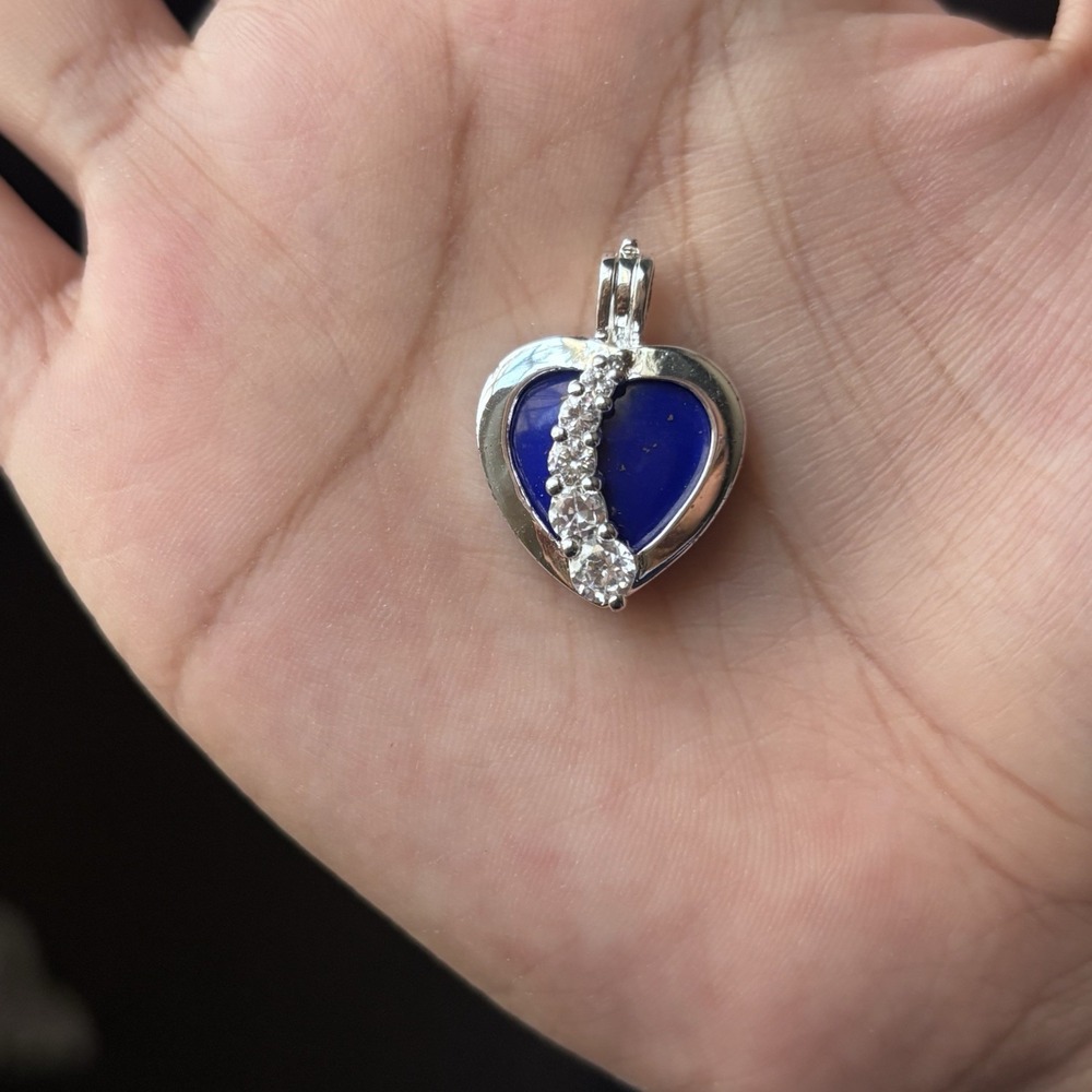 Vintage Lapis Lazuli Heart Locket Pendant Whimsigoth Celestial CZ Diamond 925